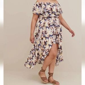 NWT Torrid Off Shoulder Romper Dress  Multicolor Floral Skirt Hi Low
